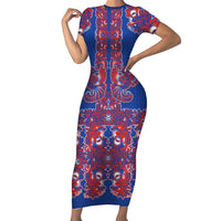 Blue Russian National Costume Family Matching Short Sleeve Bodycon Dress and Hawaiian Shirt Rooster Motifs Traditional Folk Pattern - Wonder Print Shop