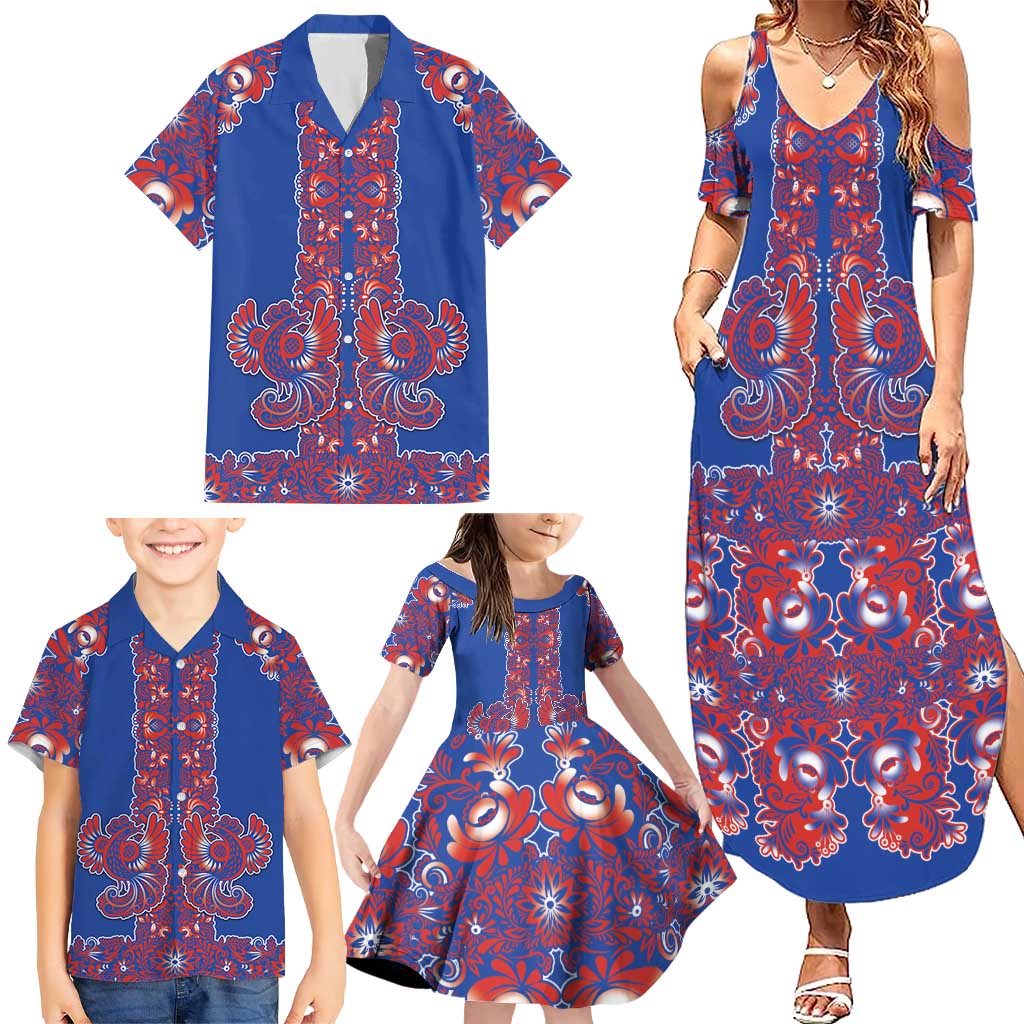 Blue Russian National Costume Family Matching Summer Maxi Dress and Hawaiian Shirt Rooster Motifs Traditional Folk Pattern - Wonder Print Shop