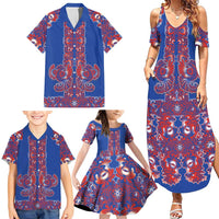 Blue Russian National Costume Family Matching Summer Maxi Dress and Hawaiian Shirt Rooster Motifs Traditional Folk Pattern - Wonder Print Shop