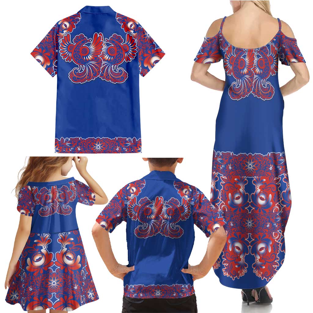 Blue Russian National Costume Family Matching Summer Maxi Dress and Hawaiian Shirt Rooster Motifs Traditional Folk Pattern - Wonder Print Shop