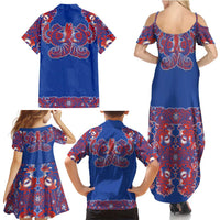 Blue Russian National Costume Family Matching Summer Maxi Dress and Hawaiian Shirt Rooster Motifs Traditional Folk Pattern - Wonder Print Shop