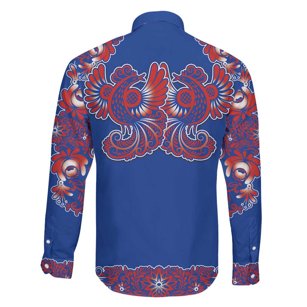 Blue Russian National Costume Family Matching Summer Maxi Dress and Hawaiian Shirt Rooster Motifs Traditional Folk Pattern - Wonder Print Shop