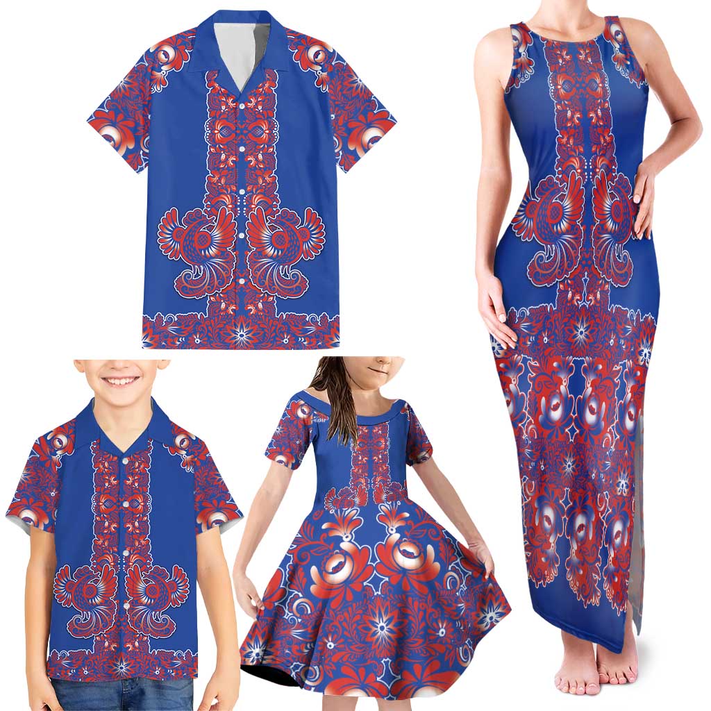 Blue Russian National Costume Family Matching Tank Maxi Dress and Hawaiian Shirt Rooster Motifs Traditional Folk Pattern - Wonder Print Shop