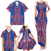 Blue Russian National Costume Family Matching Tank Maxi Dress and Hawaiian Shirt Rooster Motifs Traditional Folk Pattern - Wonder Print Shop