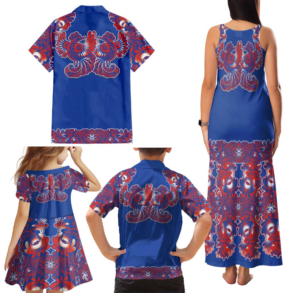 Blue Russian National Costume Family Matching Tank Maxi Dress and Hawaiian Shirt Rooster Motifs Traditional Folk Pattern - Wonder Print Shop