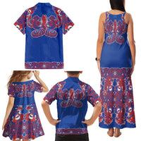Blue Russian National Costume Family Matching Tank Maxi Dress and Hawaiian Shirt Rooster Motifs Traditional Folk Pattern - Wonder Print Shop