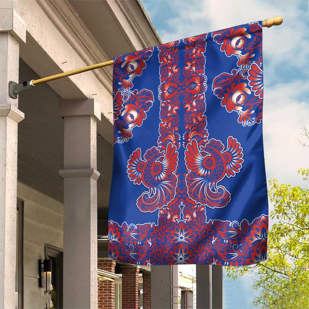 Blue Russian National Costume Garden Flag Rooster Motifs Traditional Folk Pattern - Wonder Print Shop