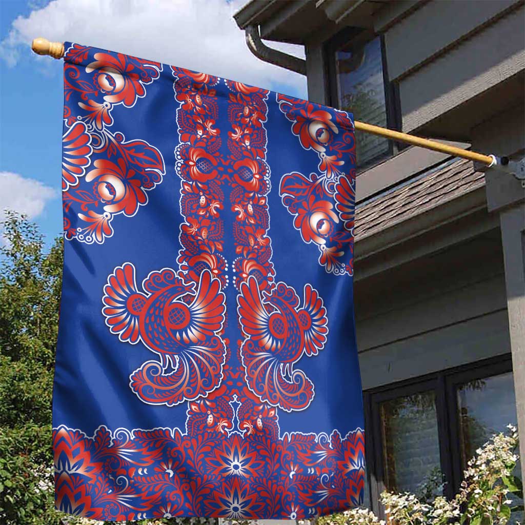 Blue Russian National Costume Garden Flag Rooster Motifs Traditional Folk Pattern - Wonder Print Shop