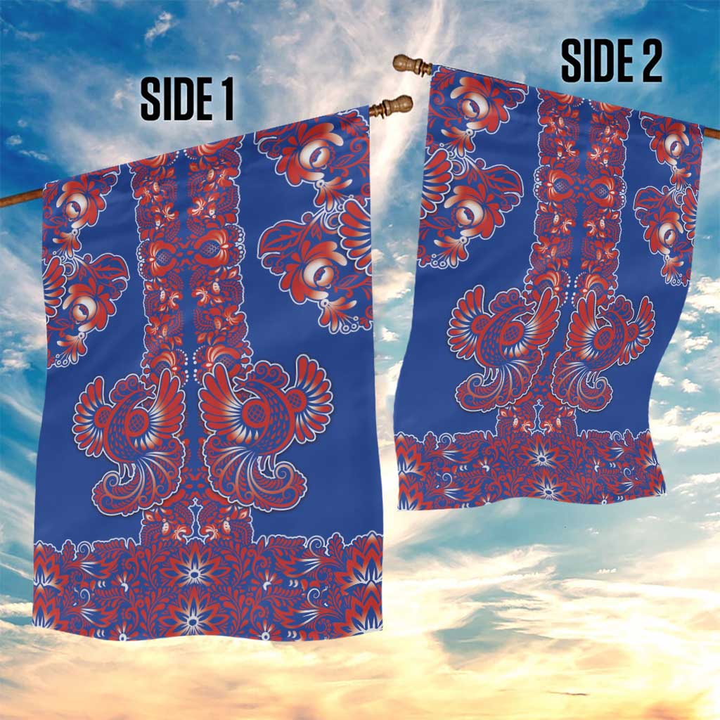 Blue Russian National Costume Garden Flag Rooster Motifs Traditional Folk Pattern - Wonder Print Shop