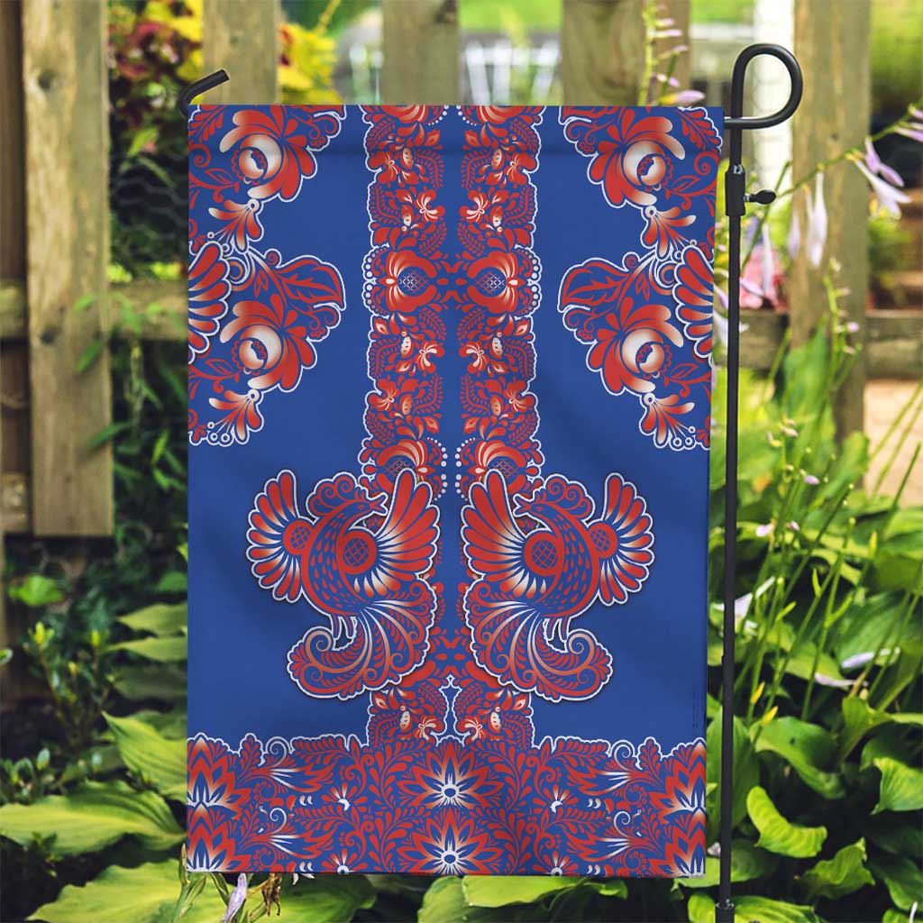 Blue Russian National Costume Garden Flag Rooster Motifs Traditional Folk Pattern - Wonder Print Shop