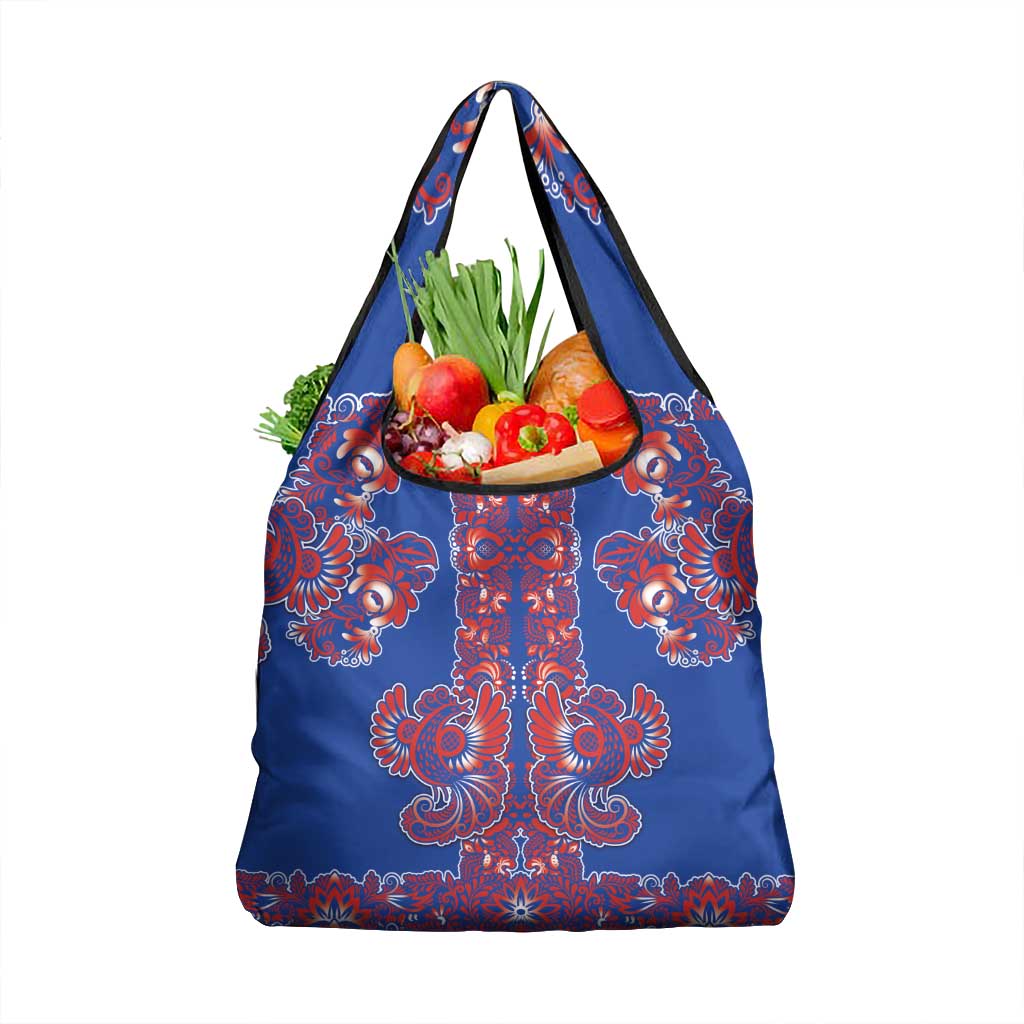 Blue Russian National Costume Grocery Bag Rooster Motifs Traditional Folk Pattern - Wonder Print Shop