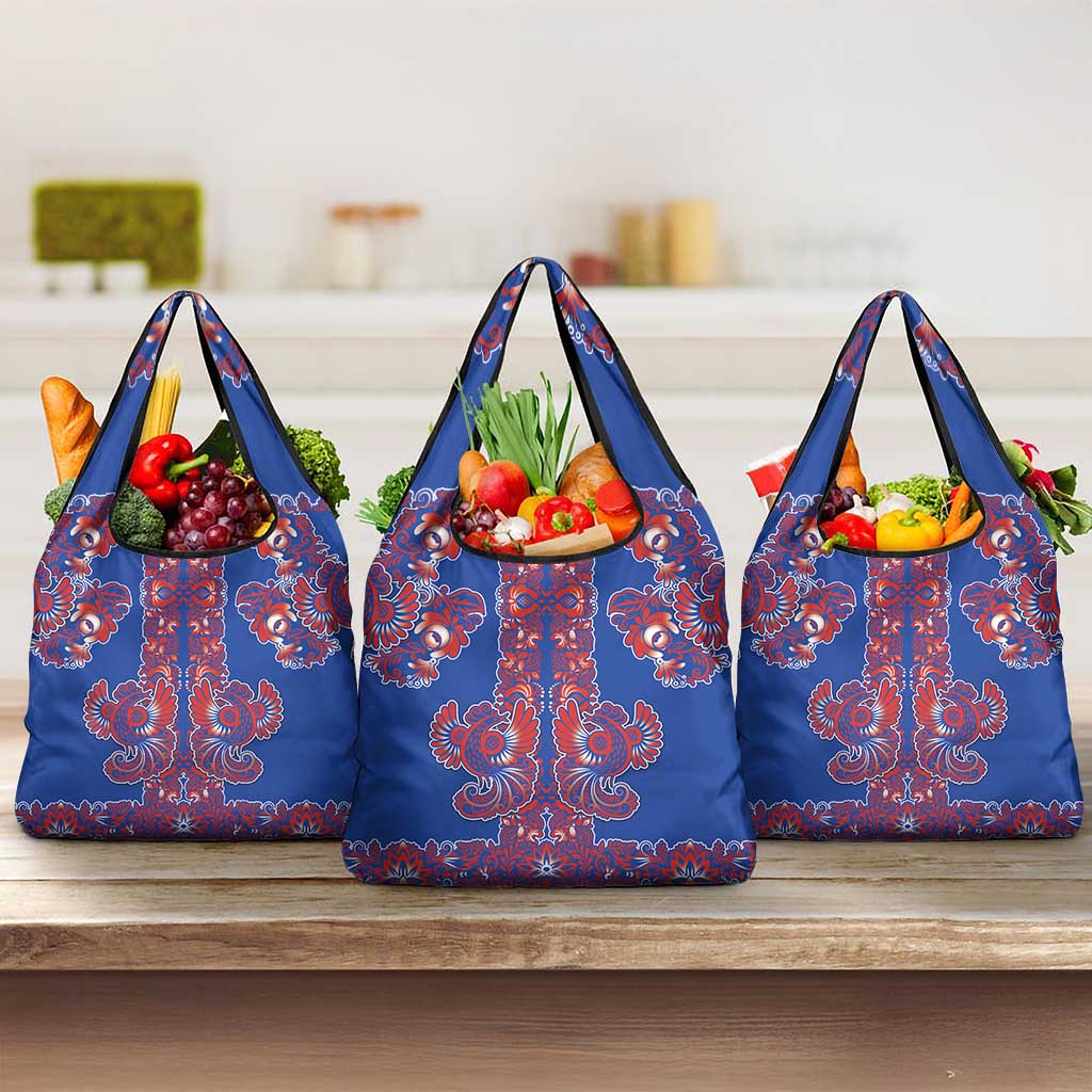 Blue Russian National Costume Grocery Bag Rooster Motifs Traditional Folk Pattern - Wonder Print Shop