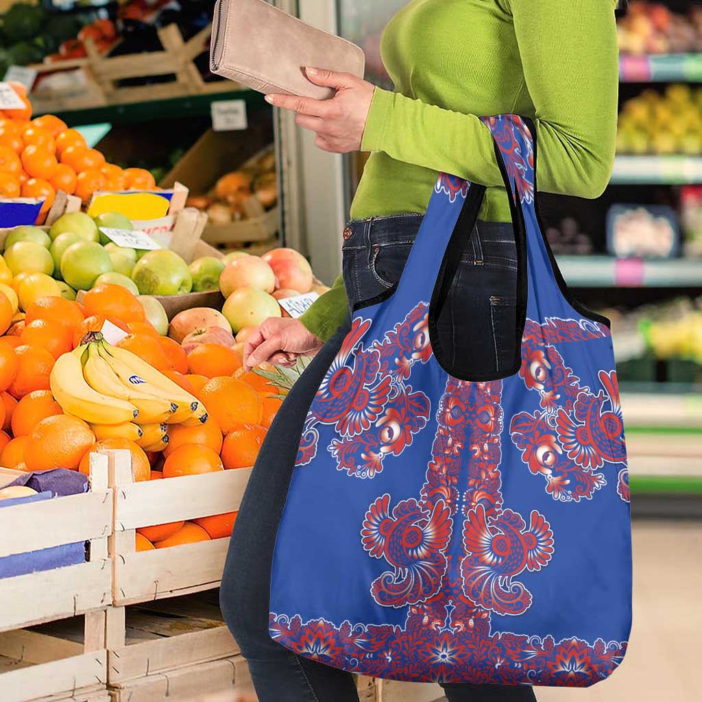 Blue Russian National Costume Grocery Bag Rooster Motifs Traditional Folk Pattern - Wonder Print Shop