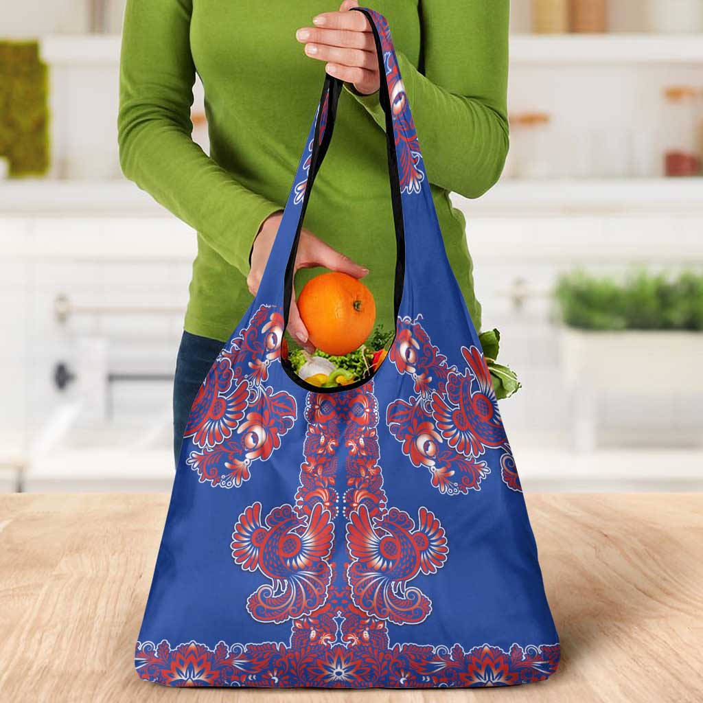 Blue Russian National Costume Grocery Bag Rooster Motifs Traditional Folk Pattern - Wonder Print Shop