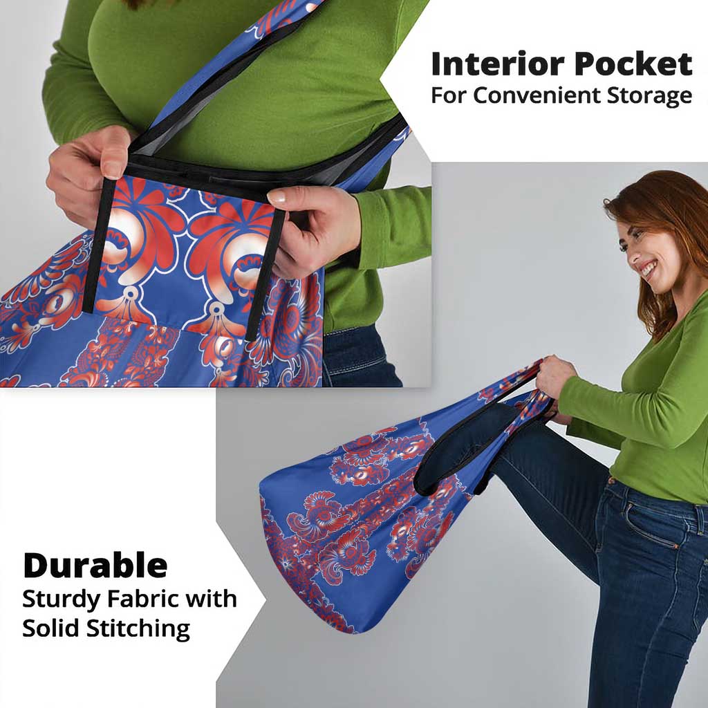 Blue Russian National Costume Grocery Bag Rooster Motifs Traditional Folk Pattern - Wonder Print Shop