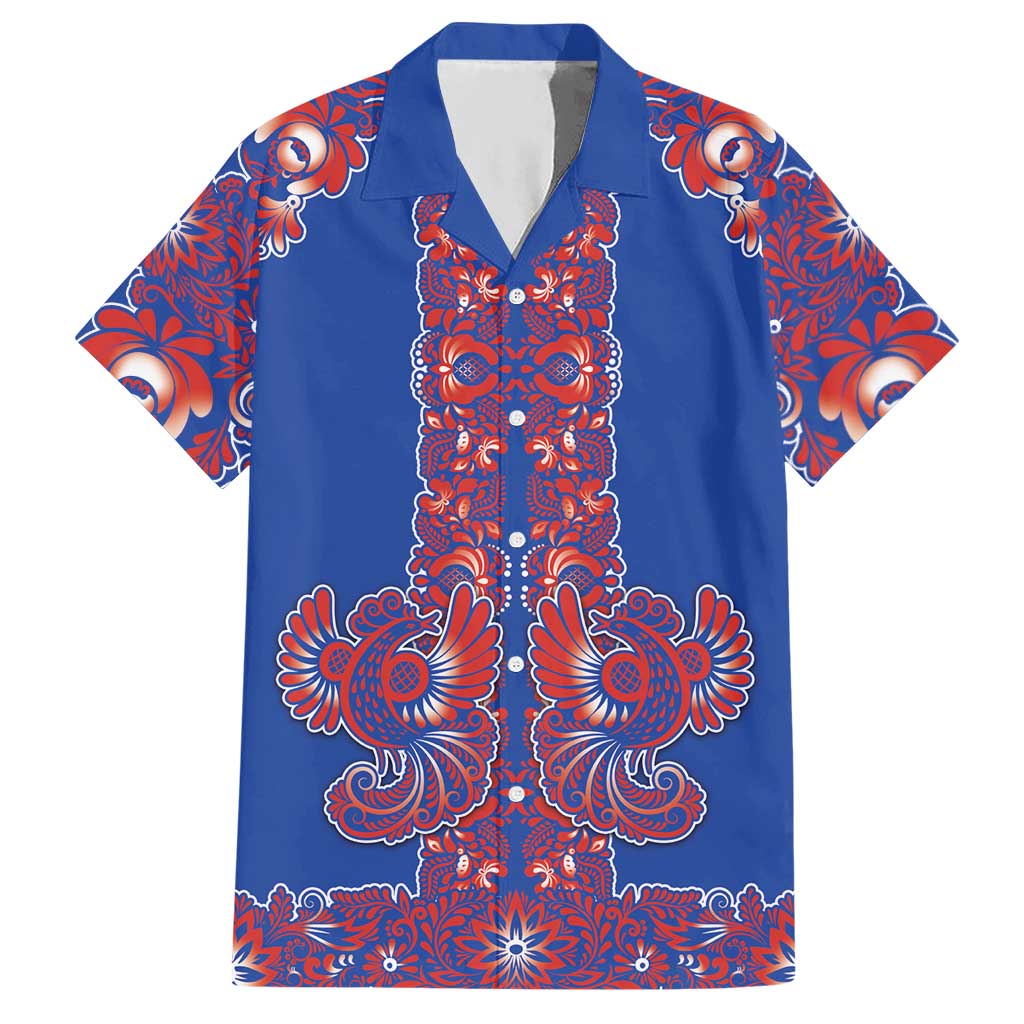 Blue Russian National Costume Hawaiian Shirt Rooster Motifs Traditional Folk Pattern - Wonder Print Shop