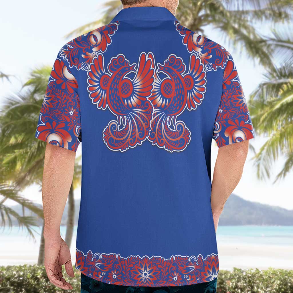 Blue Russian National Costume Hawaiian Shirt Rooster Motifs Traditional Folk Pattern - Wonder Print Shop