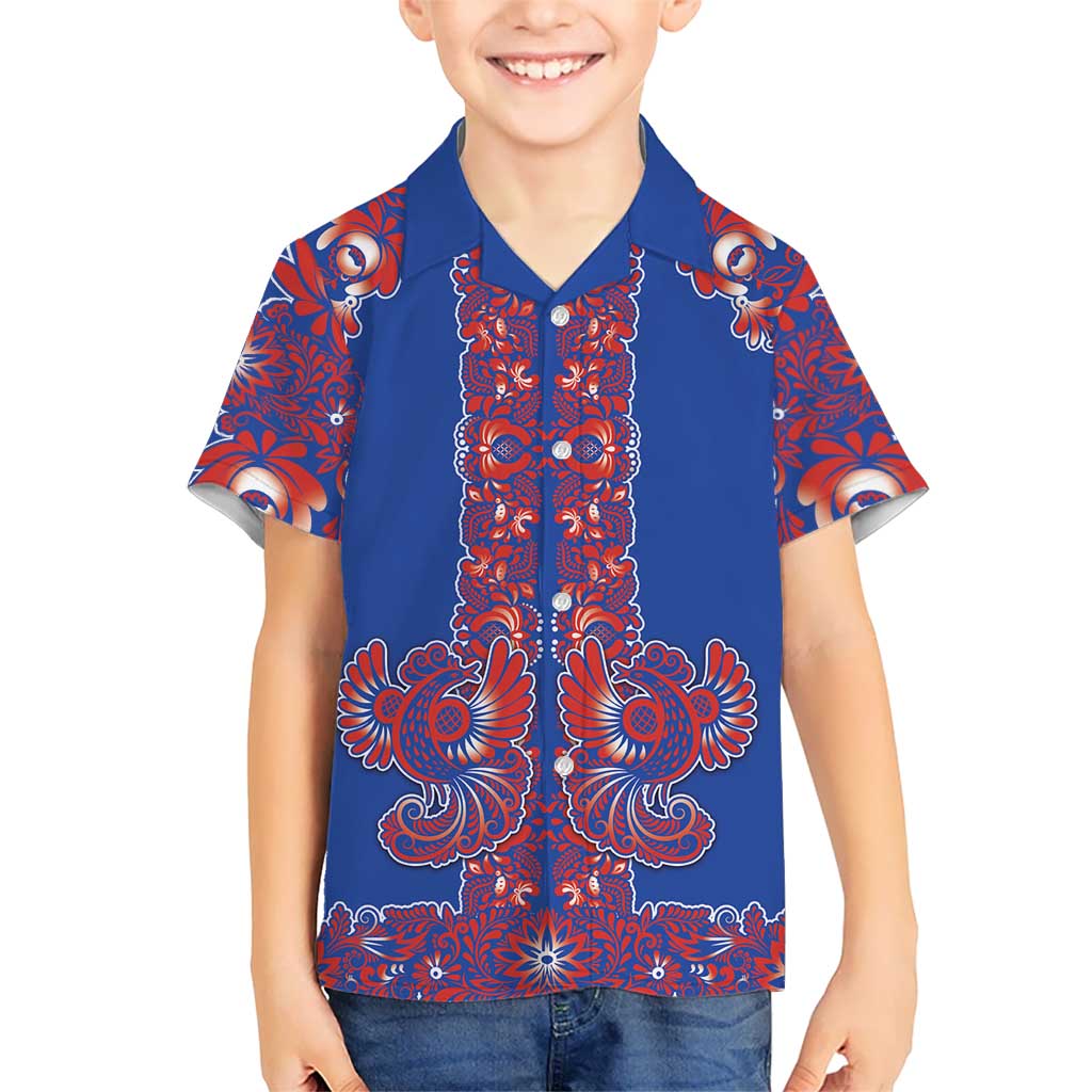 Blue Russian National Costume Hawaiian Shirt Rooster Motifs Traditional Folk Pattern - Wonder Print Shop