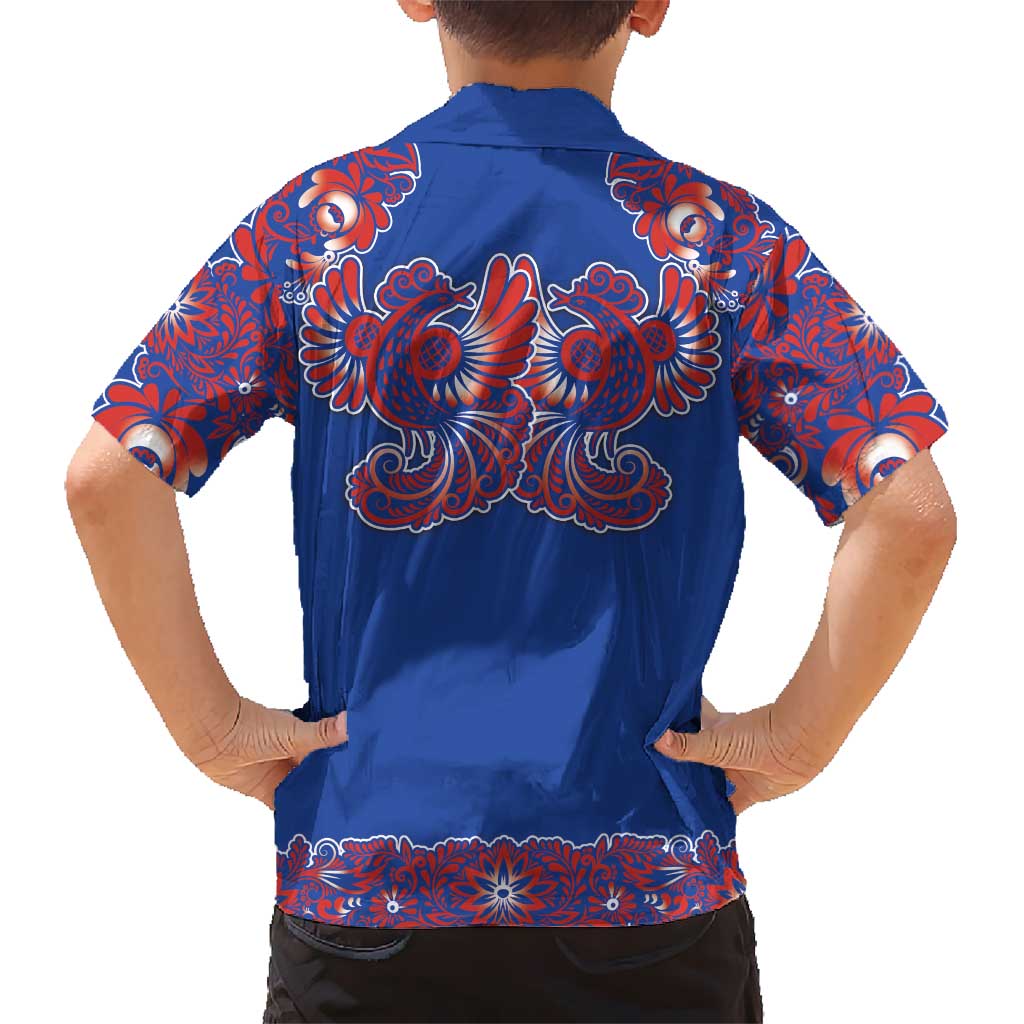 Blue Russian National Costume Hawaiian Shirt Rooster Motifs Traditional Folk Pattern - Wonder Print Shop