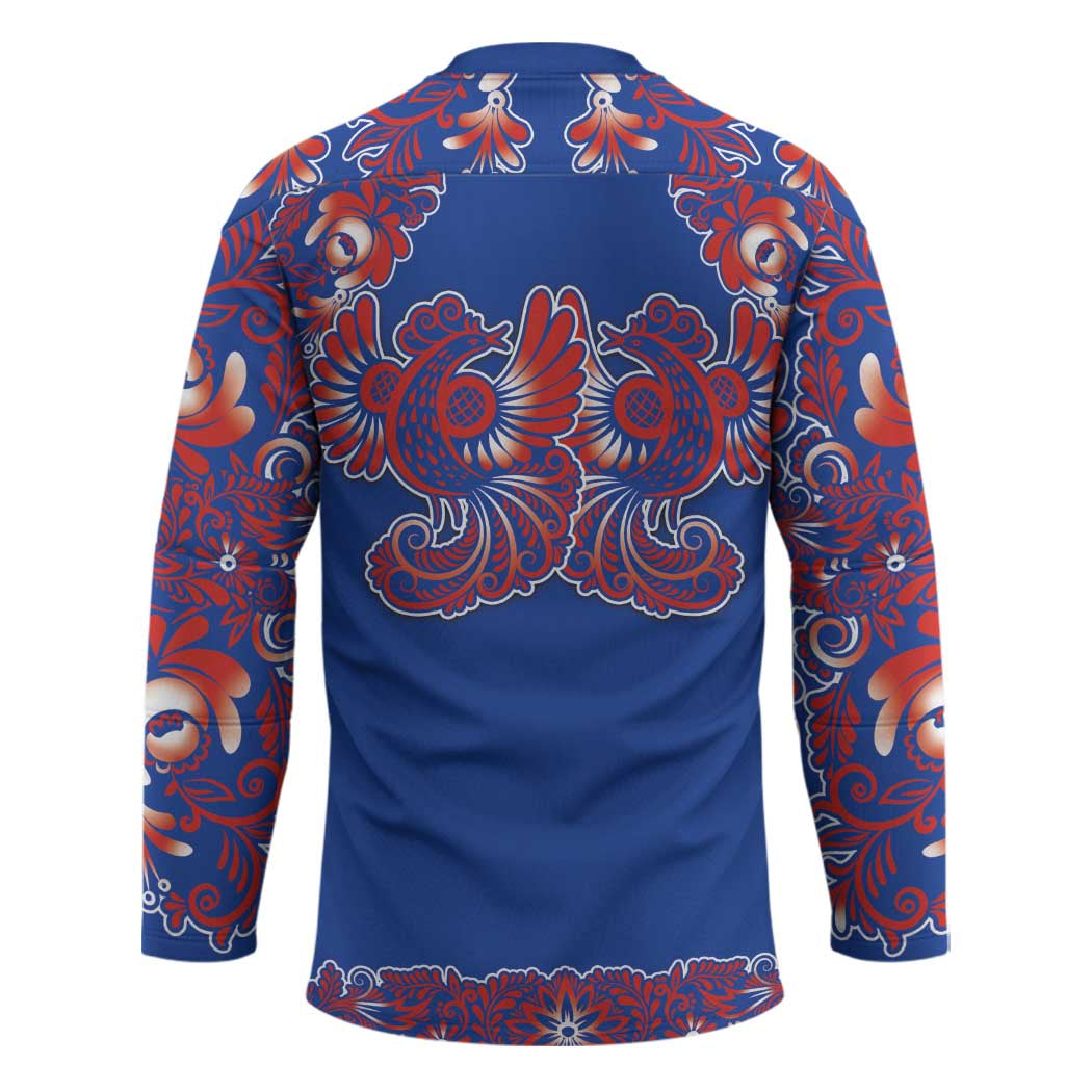 Blue Russian National Costume Hockey Jersey Rooster Motifs Traditional Folk Pattern - Wonder Print Shop