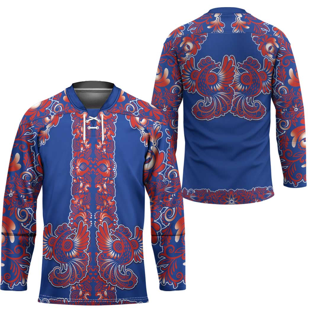 Blue Russian National Costume Hockey Jersey Rooster Motifs Traditional Folk Pattern - Wonder Print Shop