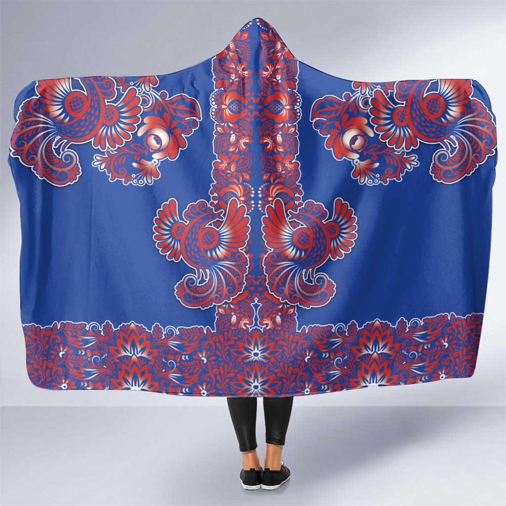 Blue Russian National Costume Hooded Blanket Rooster Motifs Traditional Folk Pattern - Wonder Print Shop