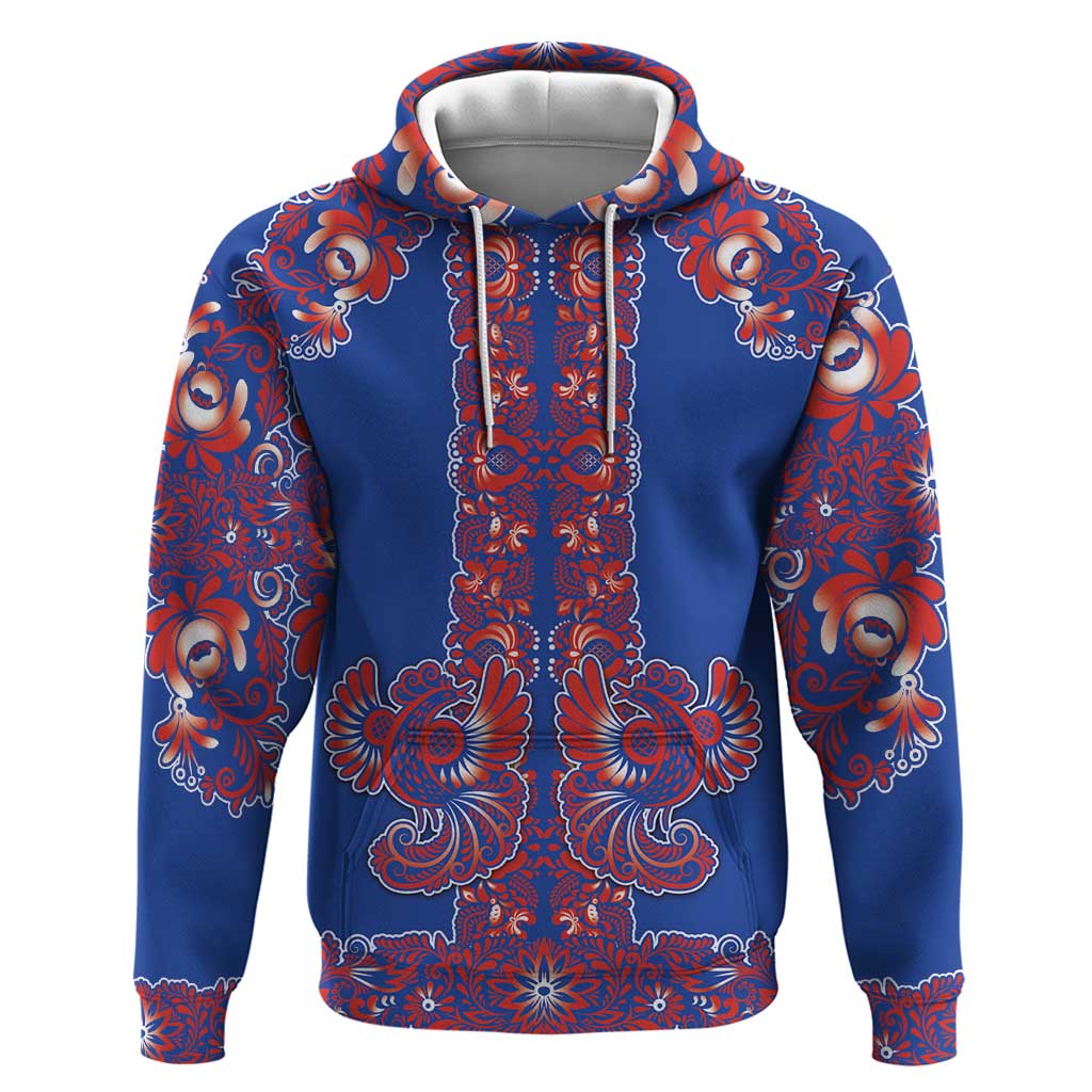 Blue Russian National Costume Hoodie Rooster Motifs Traditional Folk Pattern - Wonder Print Shop