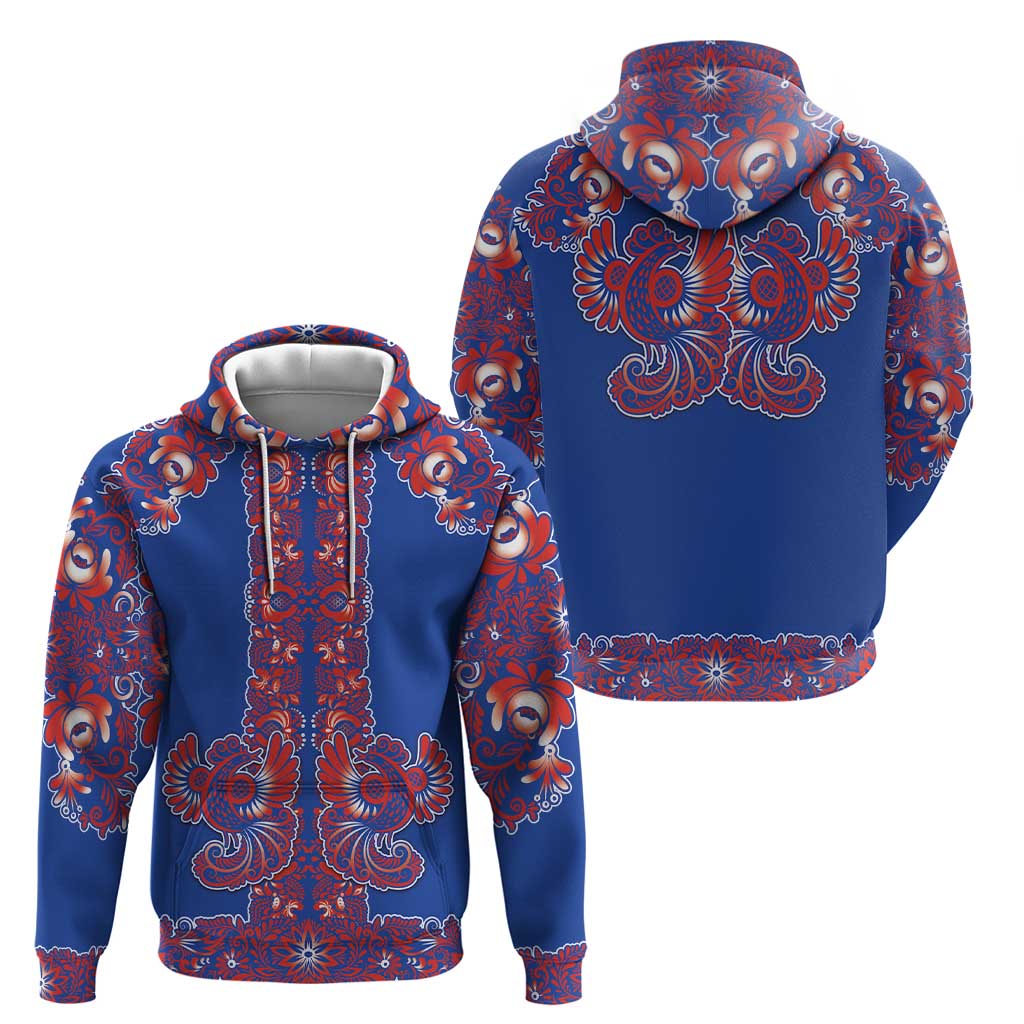 Blue Russian National Costume Hoodie Rooster Motifs Traditional Folk Pattern - Wonder Print Shop