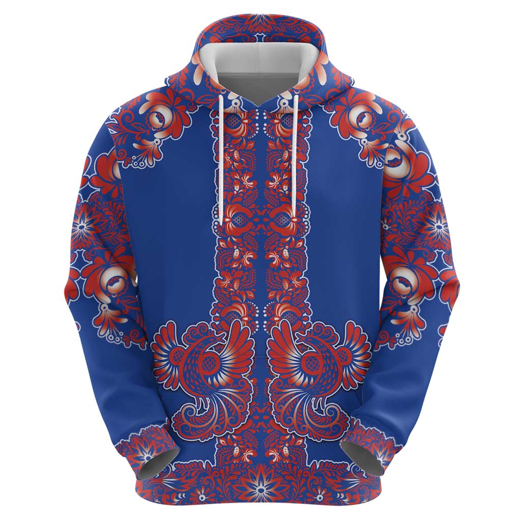 Blue Russian National Costume Hoodie Rooster Motifs Traditional Folk Pattern - Wonder Print Shop