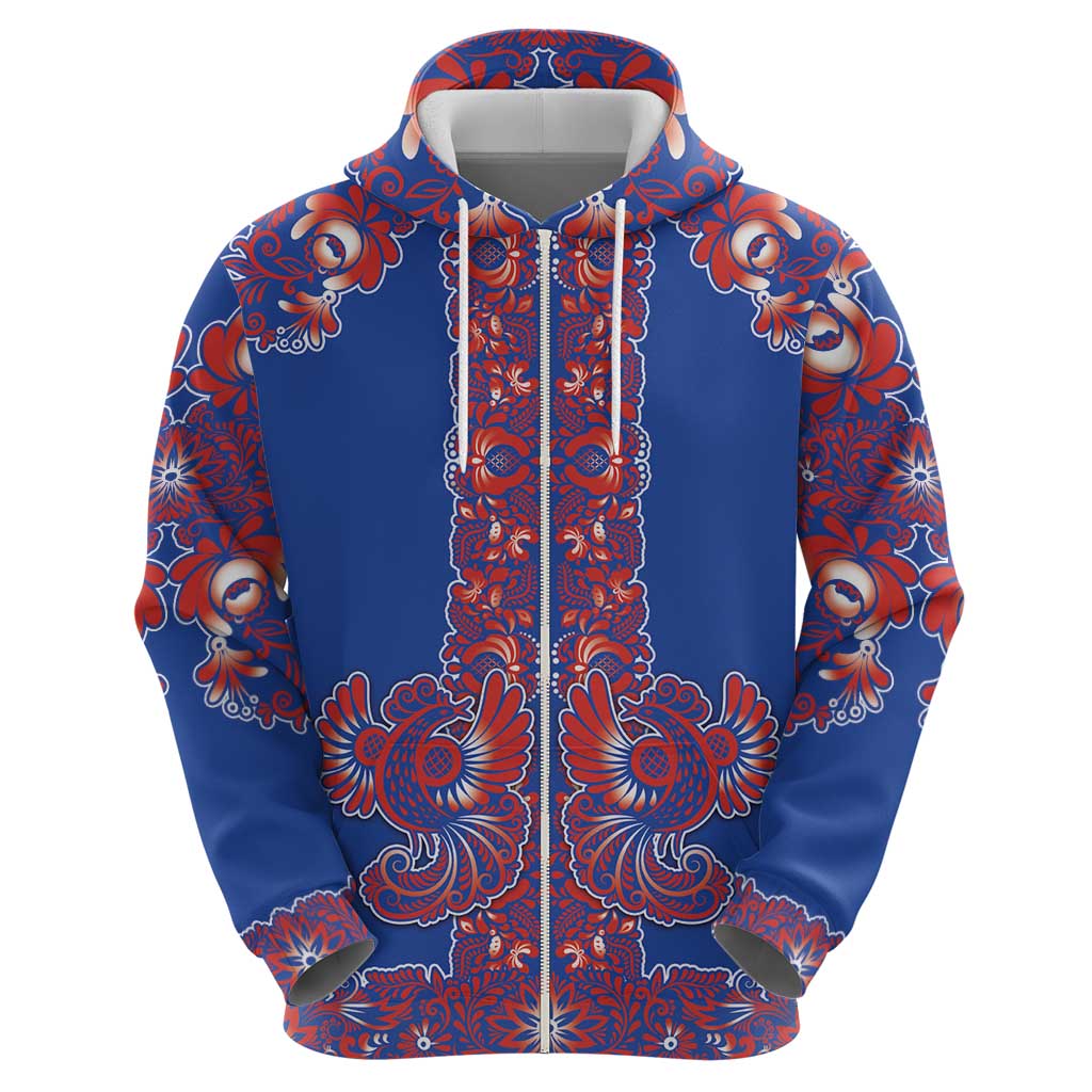 Blue Russian National Costume Hoodie Rooster Motifs Traditional Folk Pattern - Wonder Print Shop