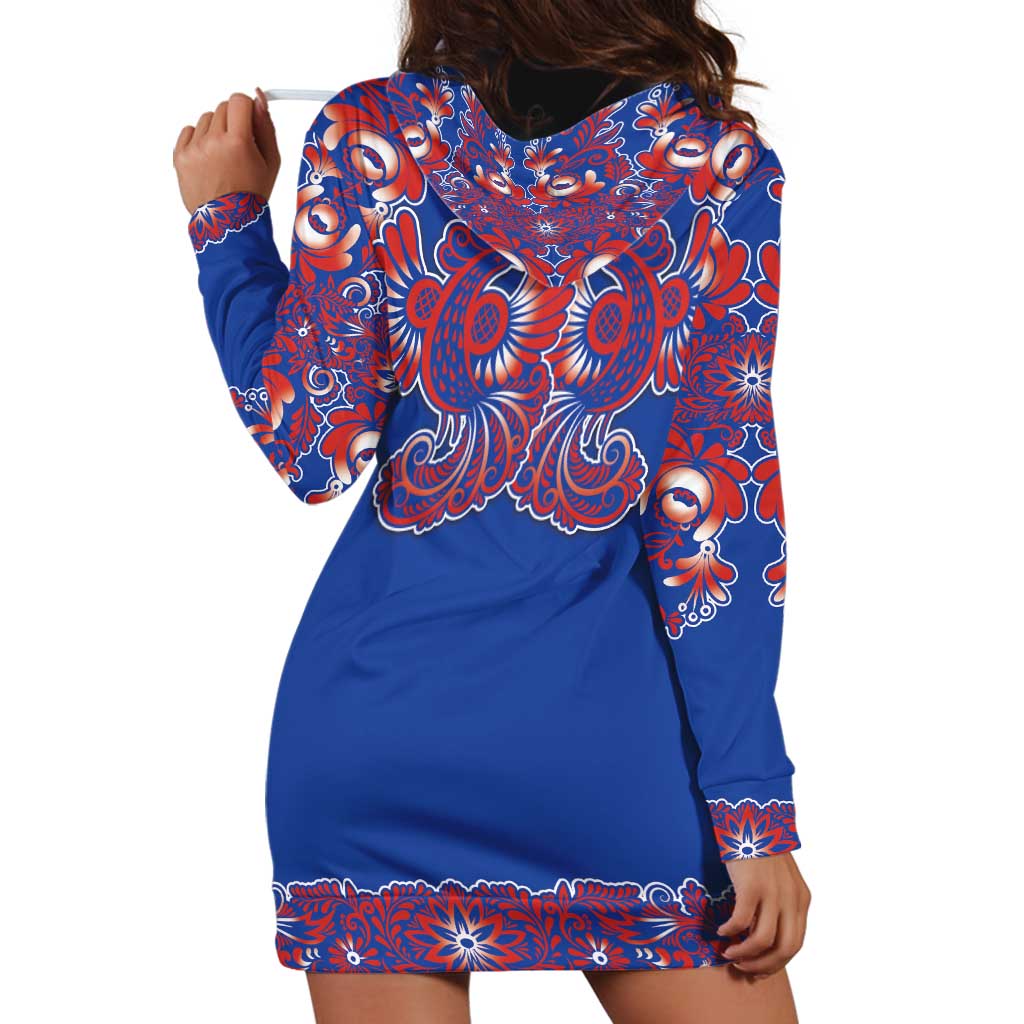 Blue Russian National Costume Hoodie Dress Rooster Motifs Traditional Folk Pattern - Wonder Print Shop