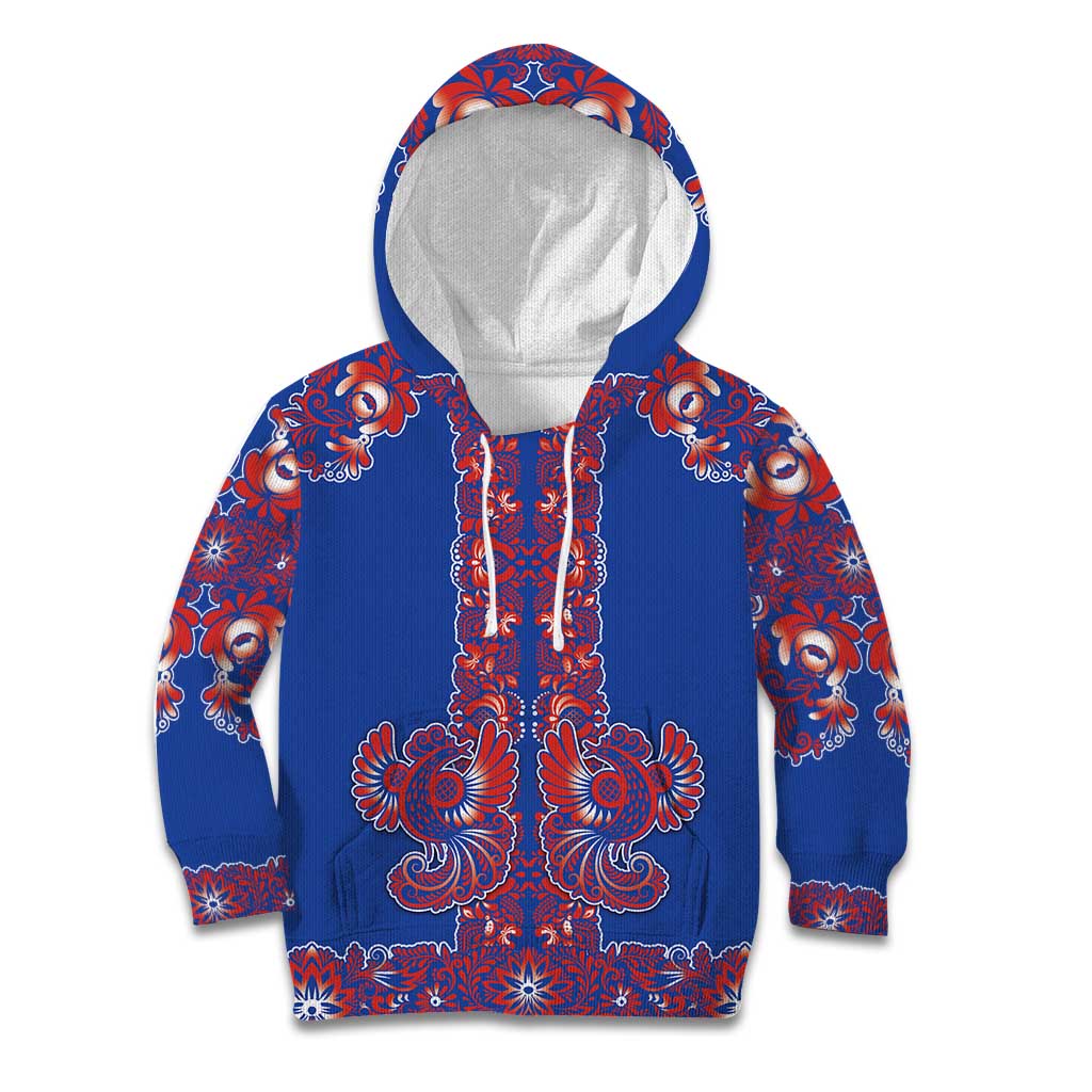 Blue Russian National Costume Kid Hoodie Rooster Motifs Traditional Folk Pattern - Wonder Print Shop