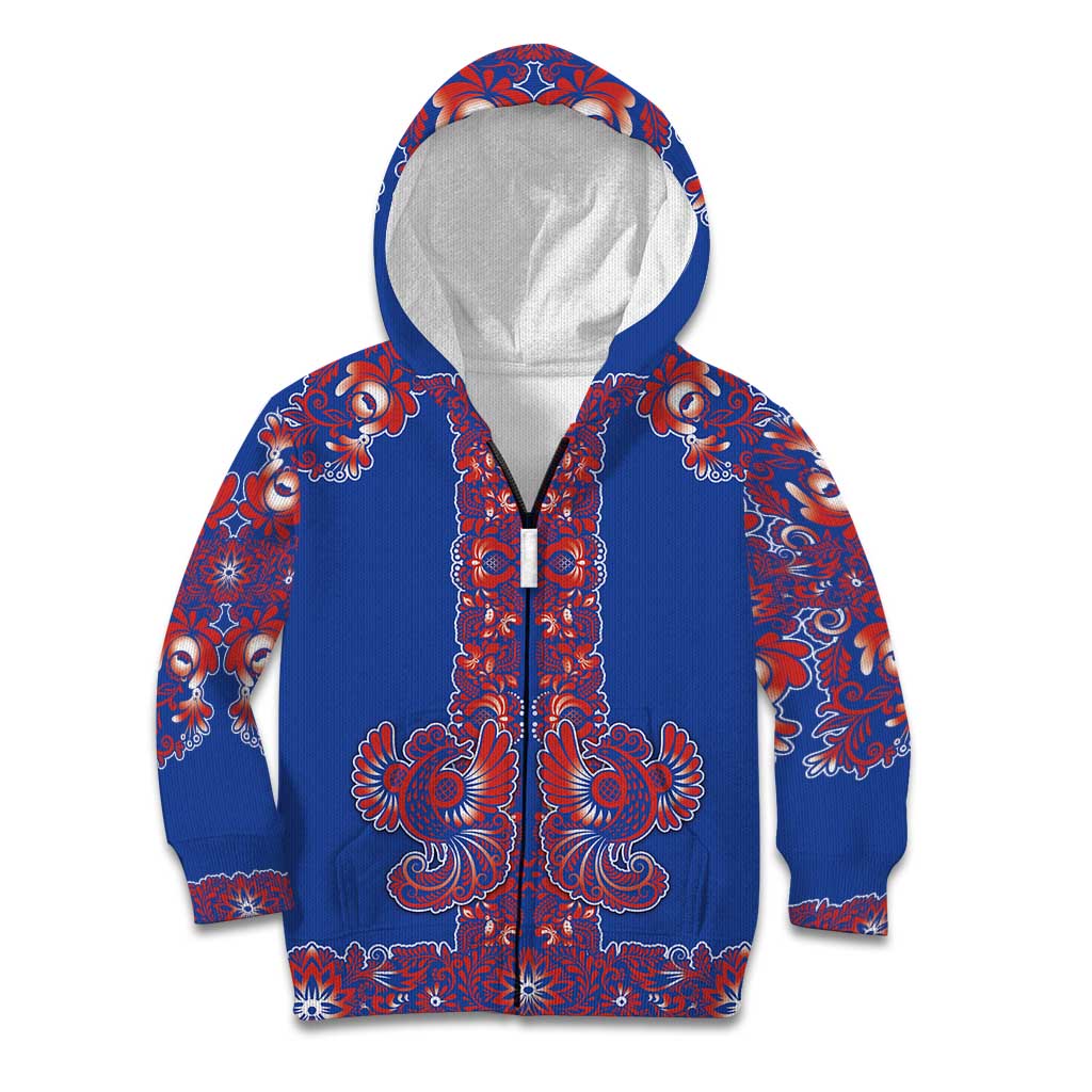 Blue Russian National Costume Kid Hoodie Rooster Motifs Traditional Folk Pattern - Wonder Print Shop
