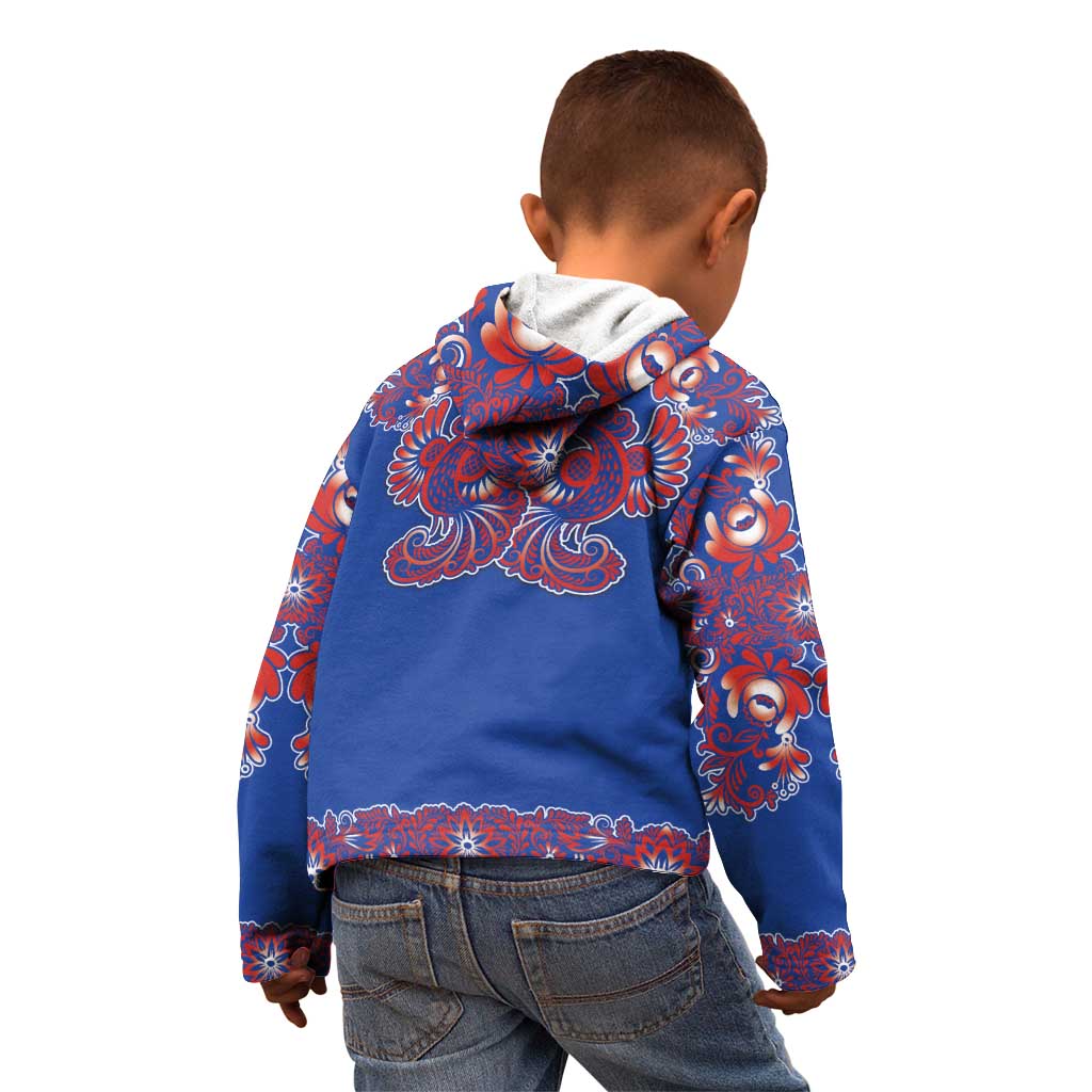 Blue Russian National Costume Kid Hoodie Rooster Motifs Traditional Folk Pattern - Wonder Print Shop