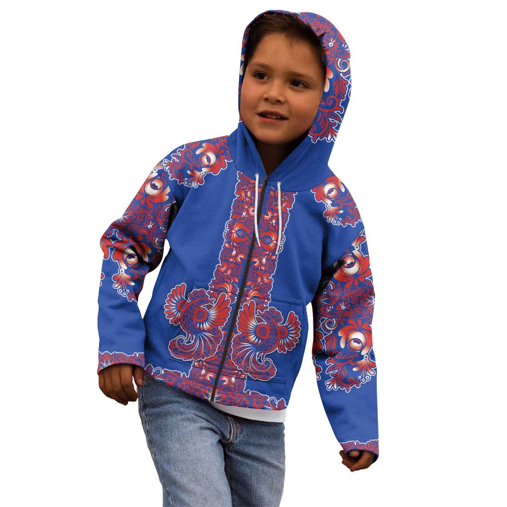Blue Russian National Costume Kid Hoodie Rooster Motifs Traditional Folk Pattern - Wonder Print Shop