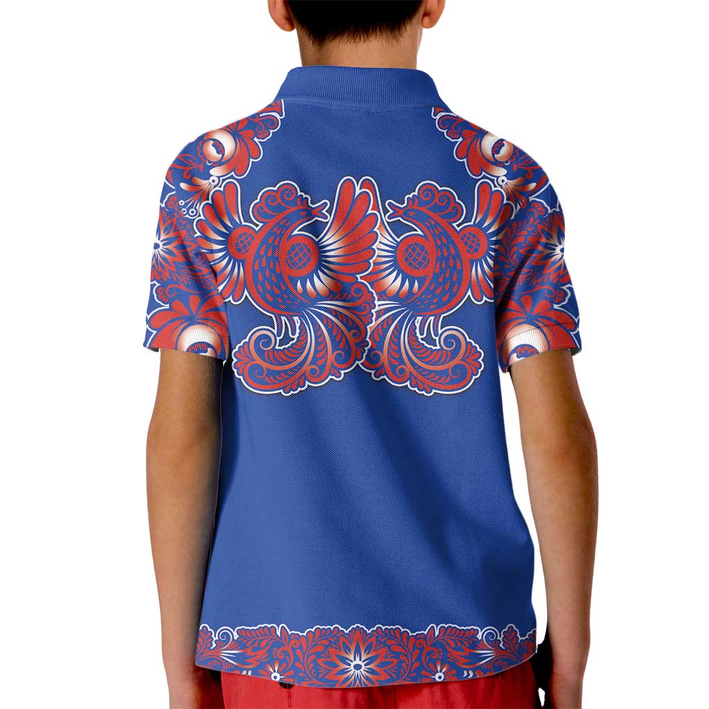 Blue Russian National Costume Kid Polo Shirt Rooster Motifs Traditional Folk Pattern - Wonder Print Shop