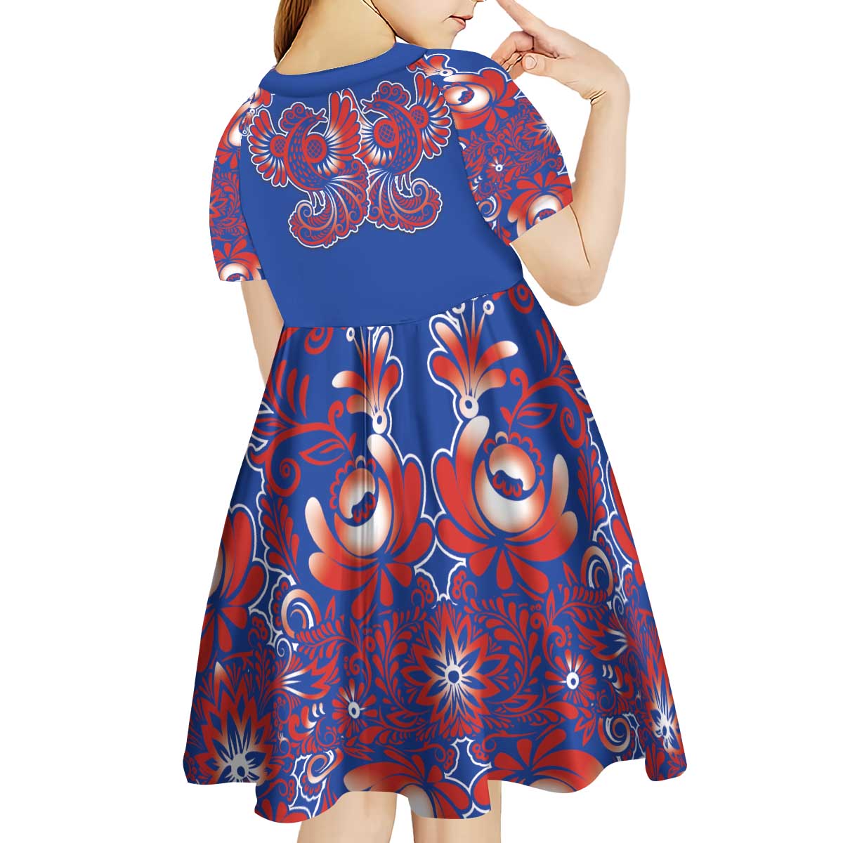 Blue Russian National Costume Kid Short Sleeve Dress Rooster Motifs Traditional Folk Pattern - Wonder Print Shop