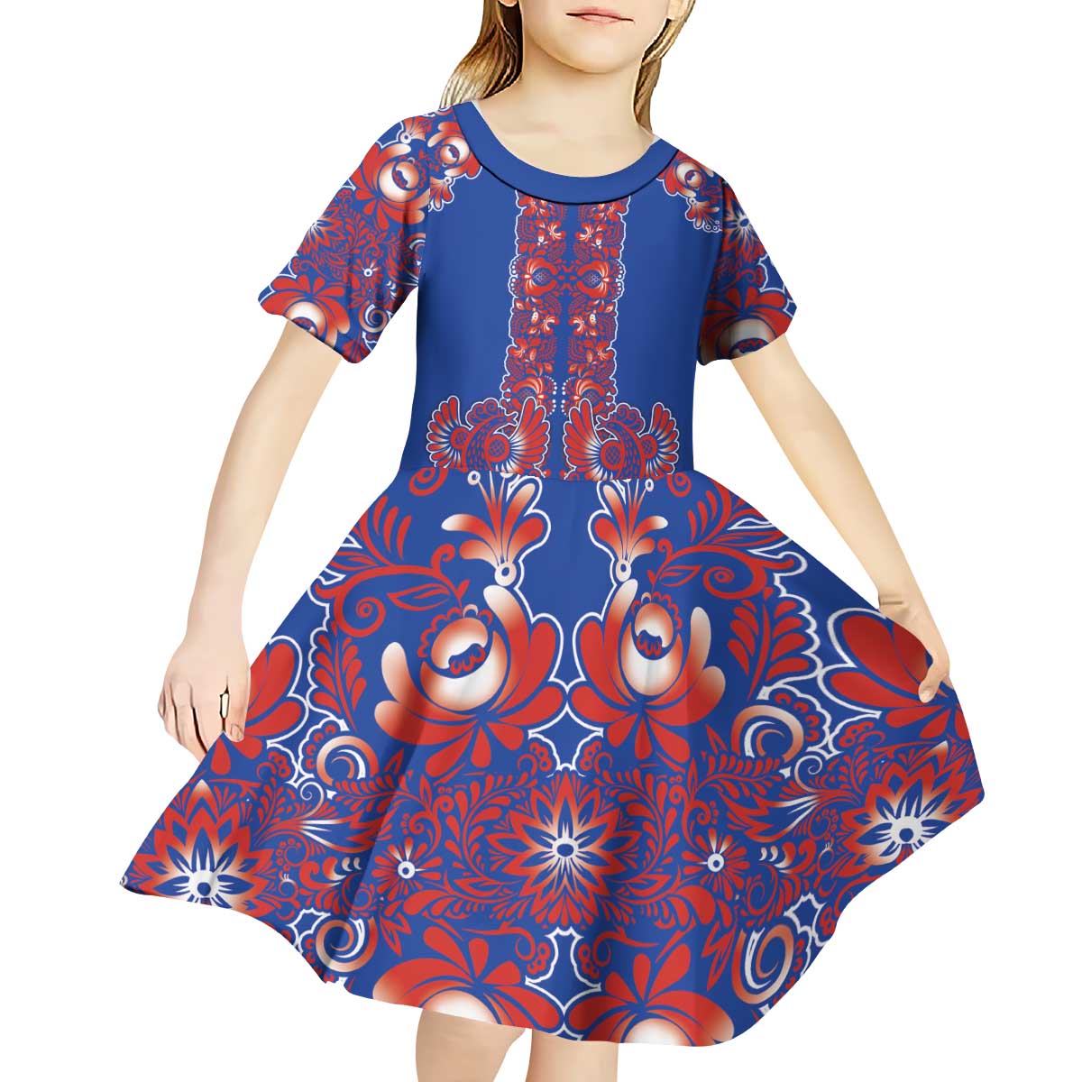 Blue Russian National Costume Kid Short Sleeve Dress Rooster Motifs Traditional Folk Pattern - Wonder Print Shop