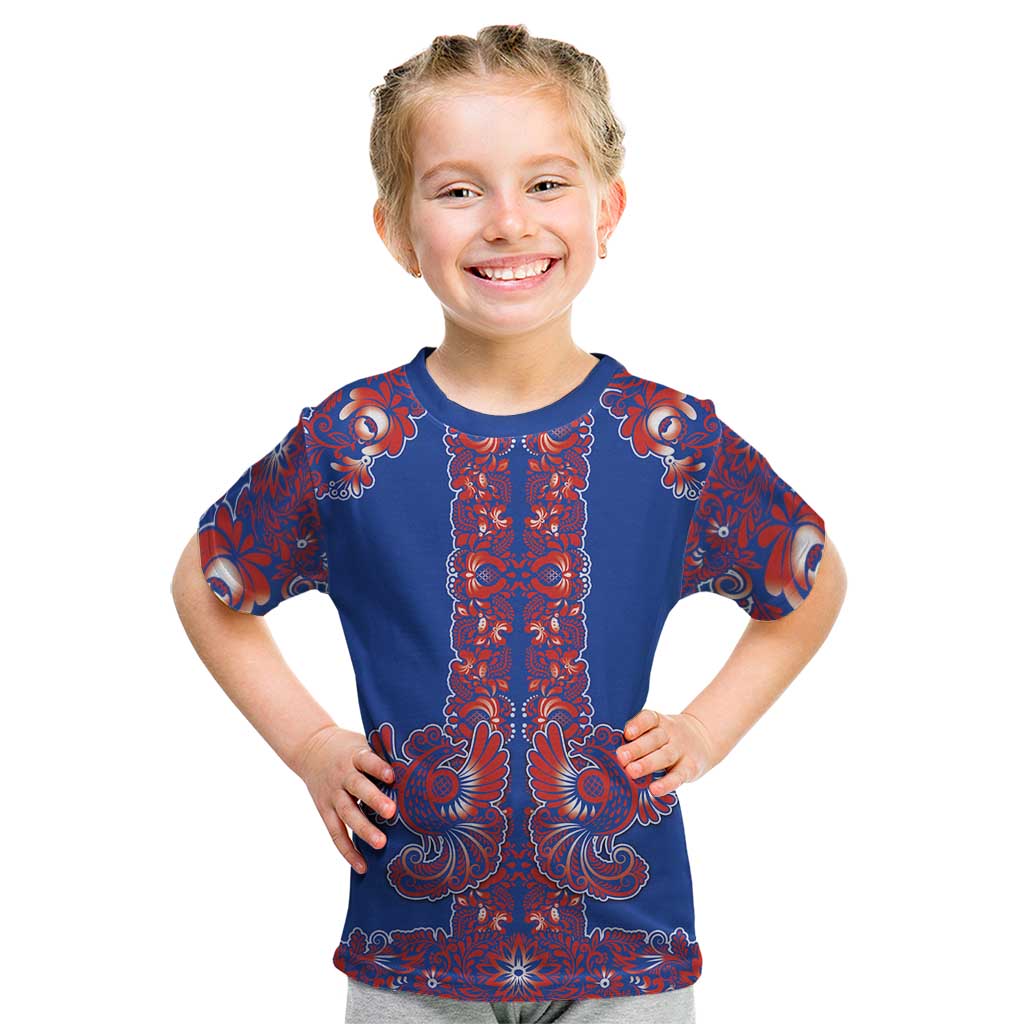 Blue Russian National Costume Kid T Shirt Rooster Motifs Traditional Folk Pattern - Wonder Print Shop