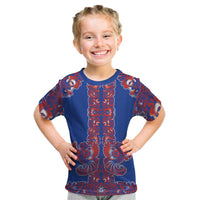 Blue Russian National Costume Kid T Shirt Rooster Motifs Traditional Folk Pattern - Wonder Print Shop