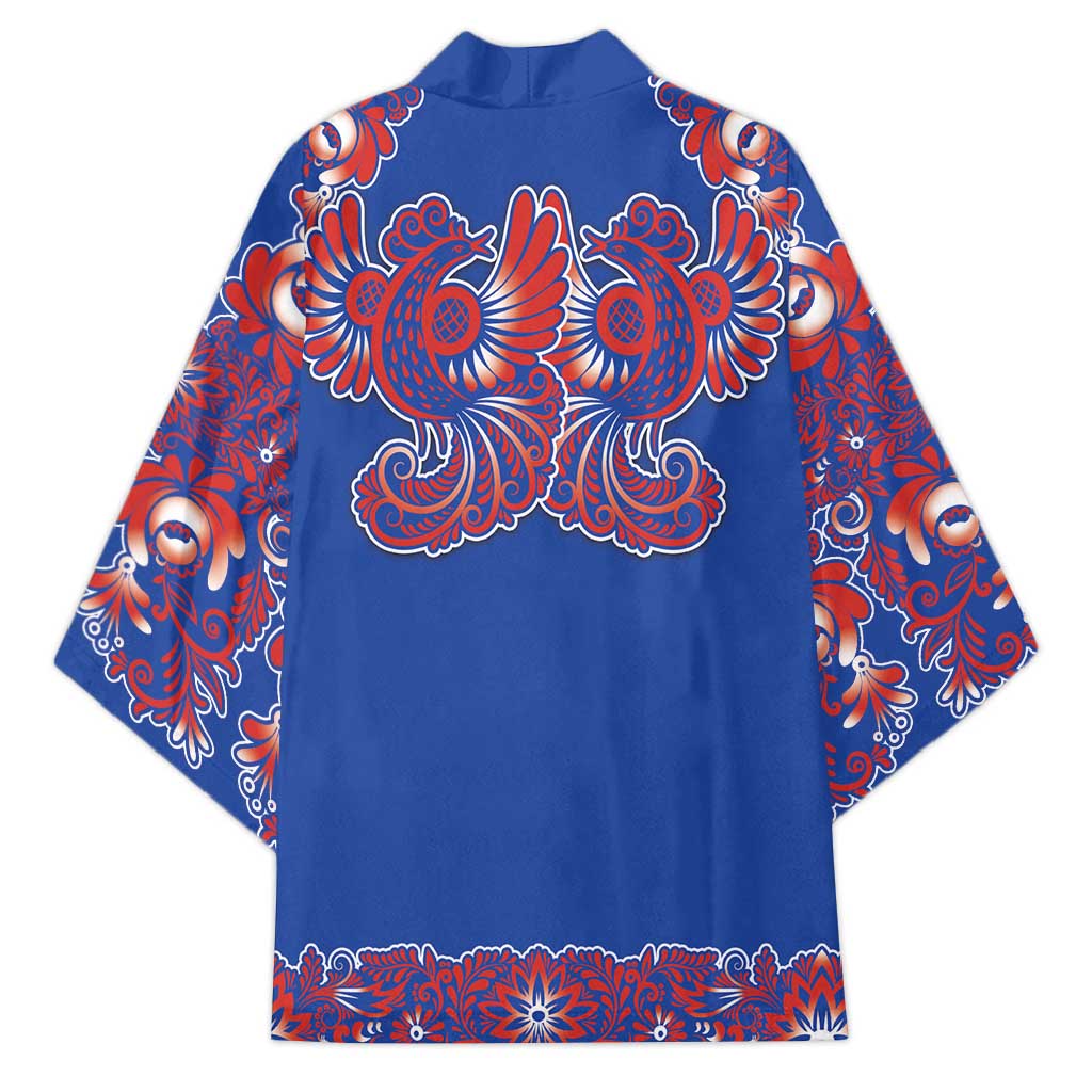 Blue Russian National Costume Kimono Rooster Motifs Traditional Folk Pattern - Wonder Print Shop