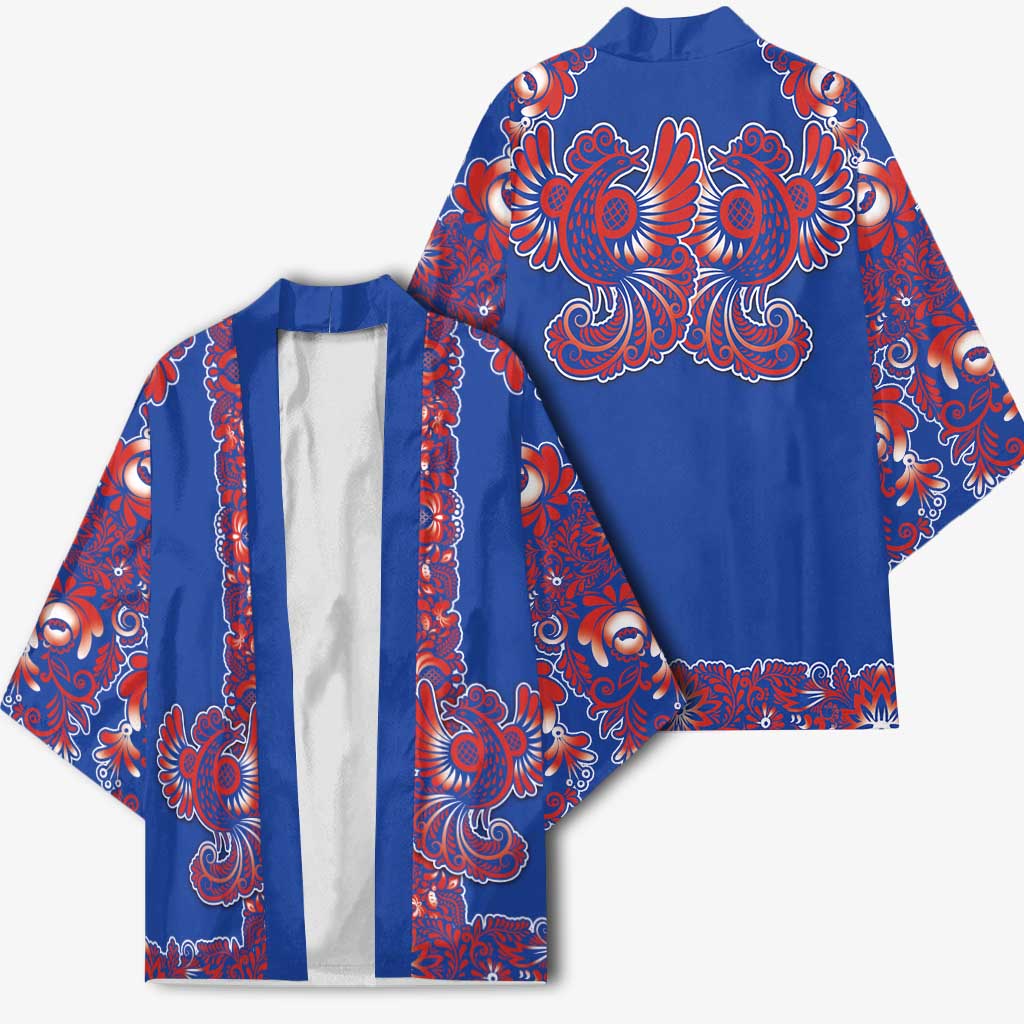 Blue Russian National Costume Kimono Rooster Motifs Traditional Folk Pattern - Wonder Print Shop