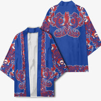 Blue Russian National Costume Kimono Rooster Motifs Traditional Folk Pattern - Wonder Print Shop