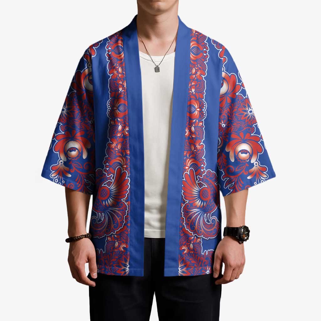 Blue Russian National Costume Kimono Rooster Motifs Traditional Folk Pattern - Wonder Print Shop