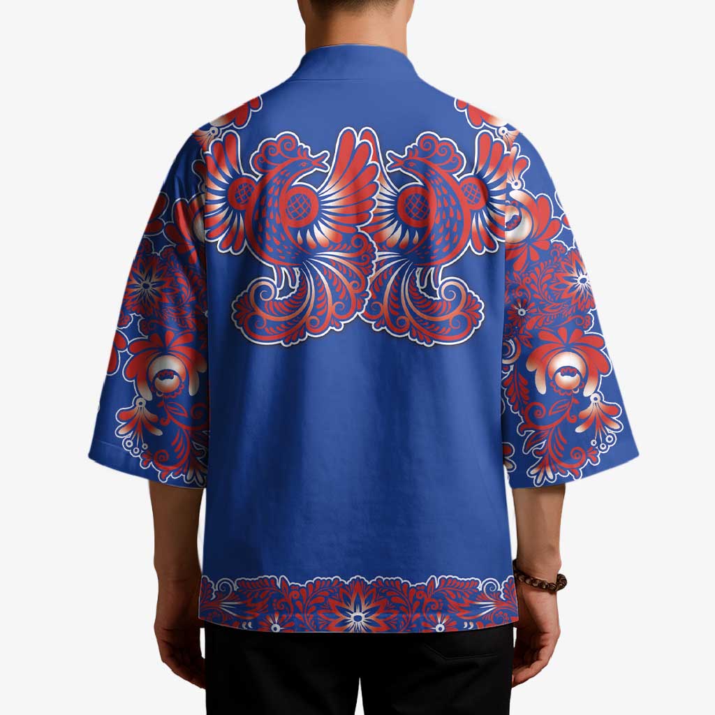 Blue Russian National Costume Kimono Rooster Motifs Traditional Folk Pattern - Wonder Print Shop