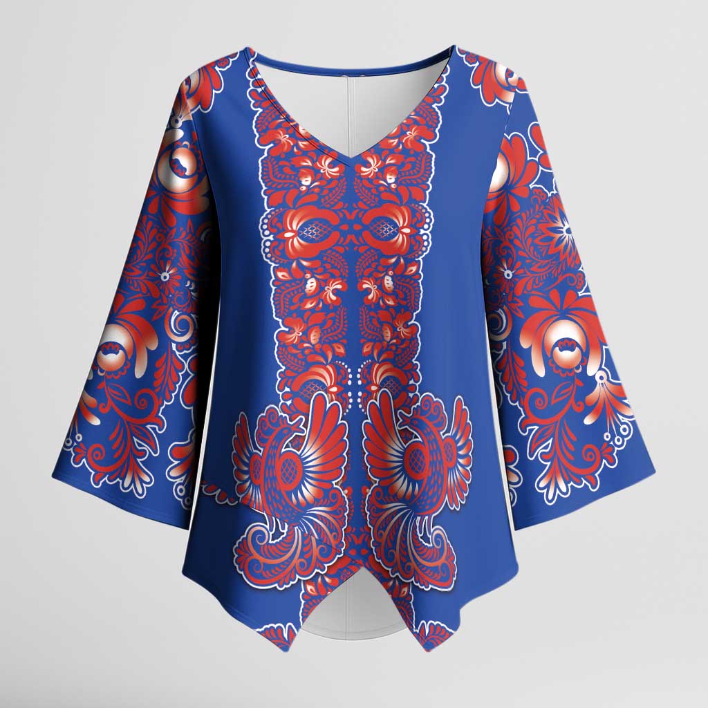 Blue Russian National Costume Kimono Sleeve Blouse Rooster Motifs Traditional Folk Pattern - Wonder Print Shop