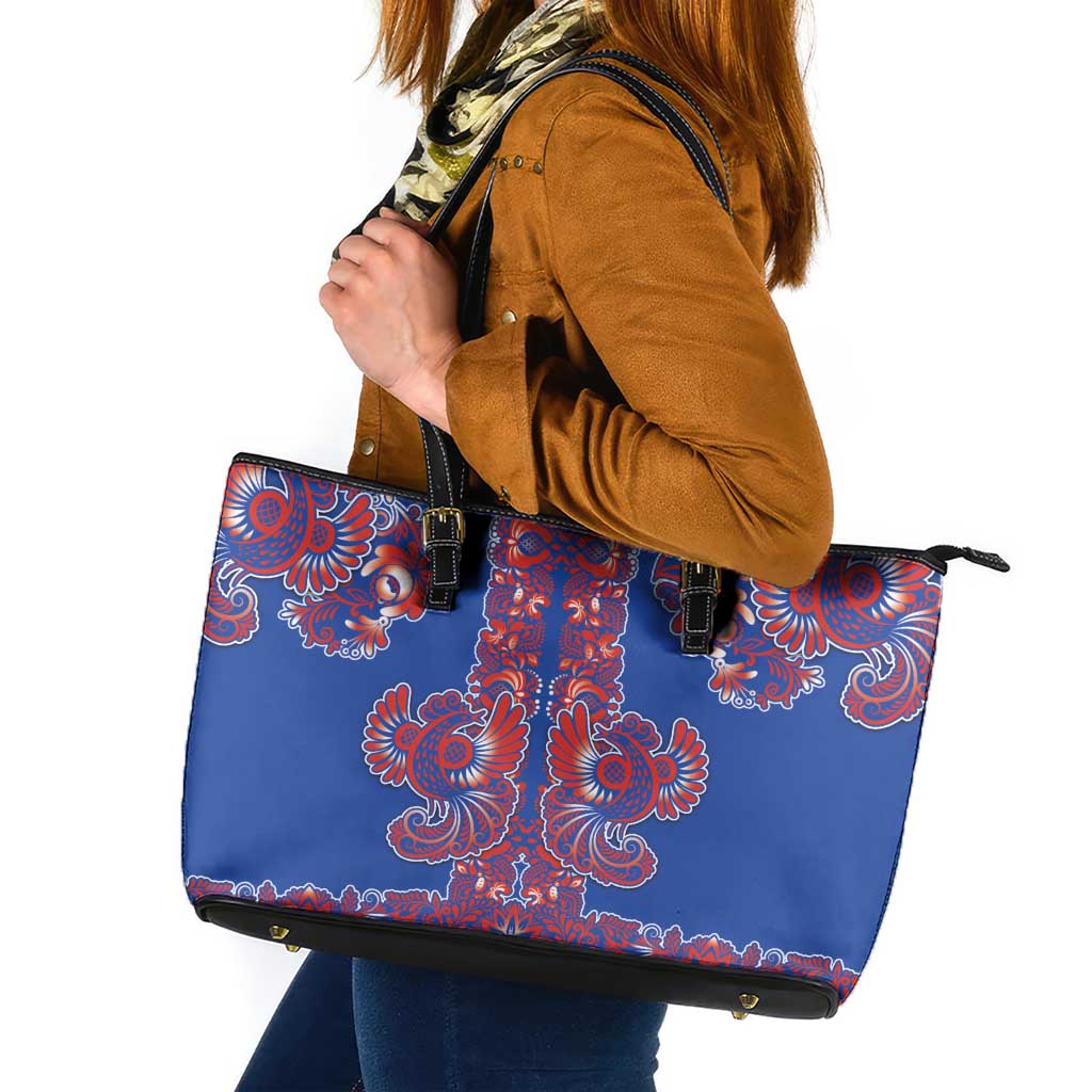 Blue Russian National Costume Leather Tote Bag Rooster Motifs Traditional Folk Pattern - Wonder Print Shop