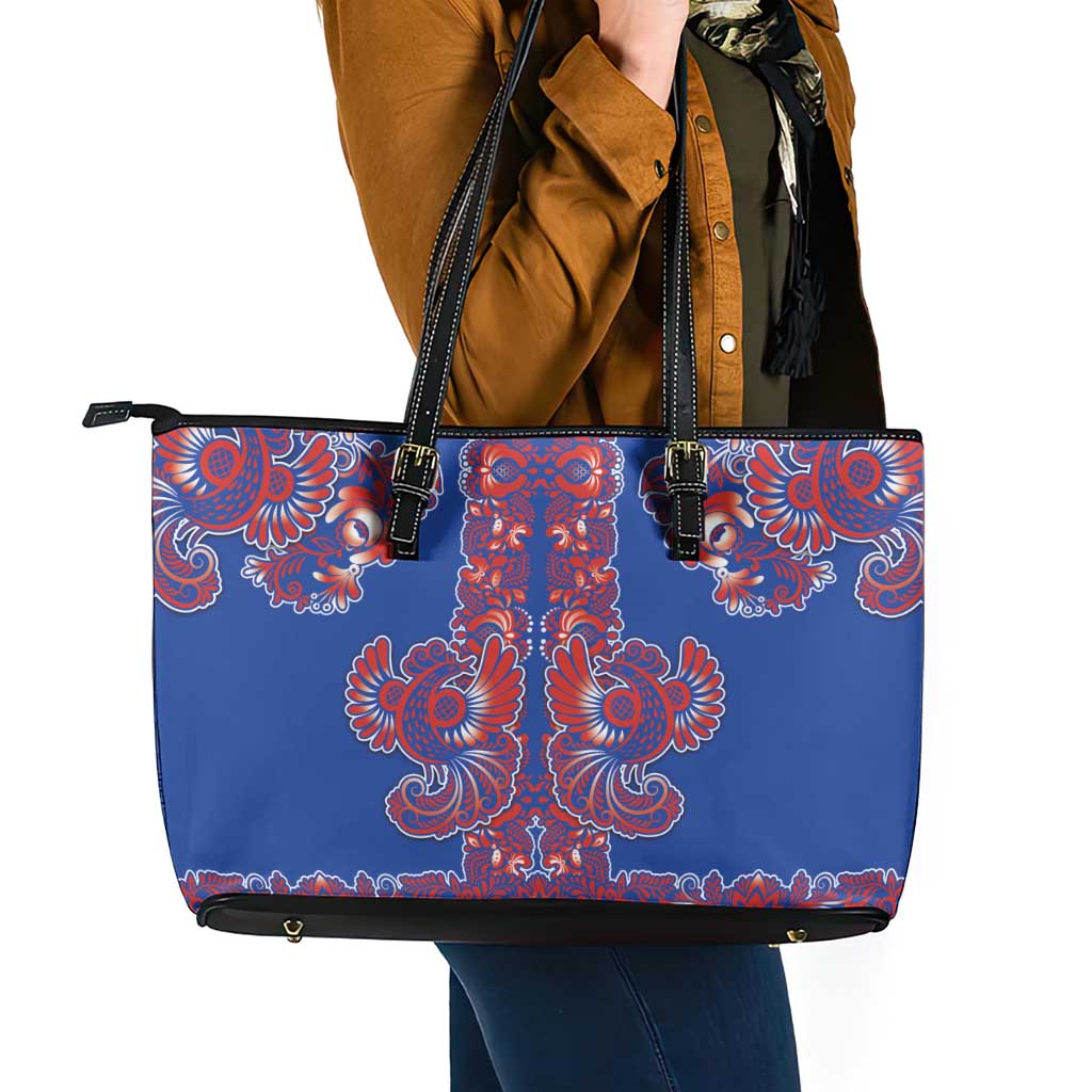 Blue Russian National Costume Leather Tote Bag Rooster Motifs Traditional Folk Pattern - Wonder Print Shop