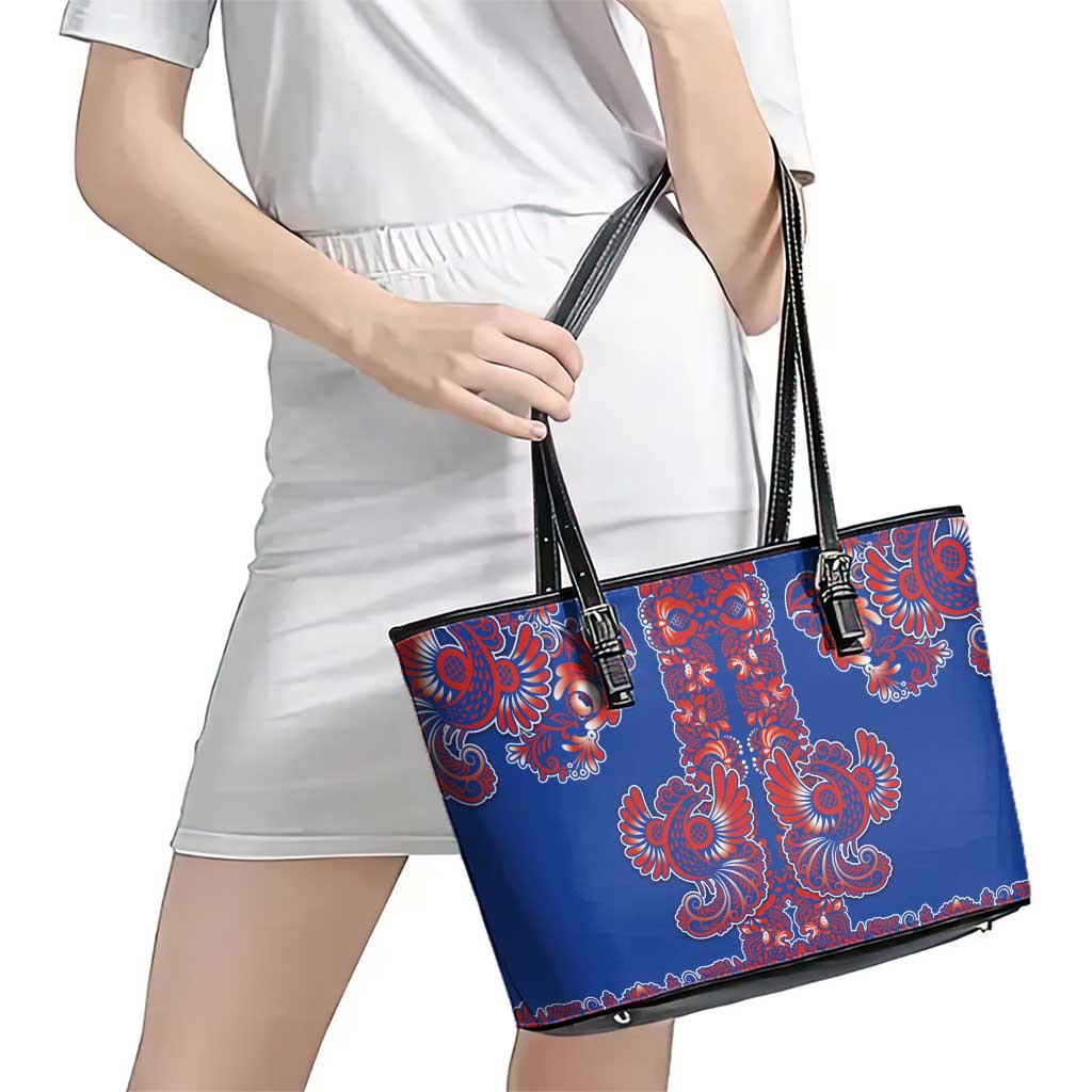 Blue Russian National Costume Leather Tote Bag Rooster Motifs Traditional Folk Pattern - Wonder Print Shop