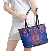 Blue Russian National Costume Leather Tote Bag Rooster Motifs Traditional Folk Pattern - Wonder Print Shop